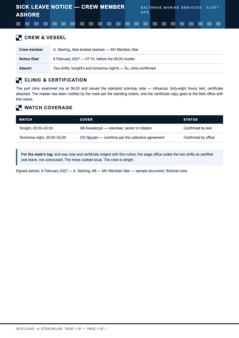 Nautical marine sick leave